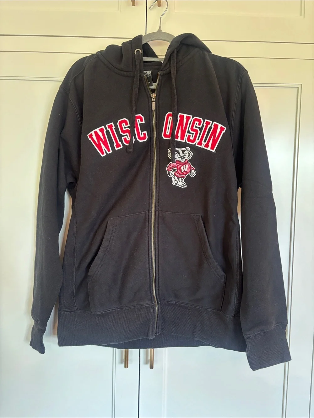 Wisconsin Black Zip-Up Hoodie Jacket with Bucky Mascot